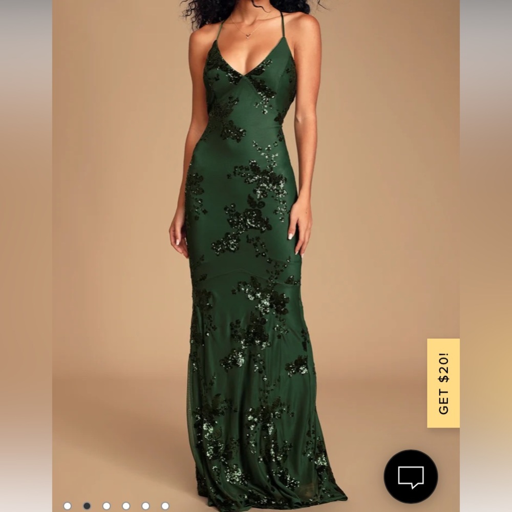 Lulus Valhalla forest green sequin lace up maxi dress